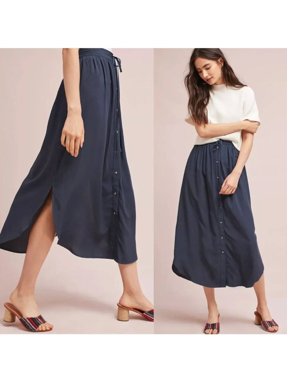 The Odells • Anthro Toledo Button-Front Skirt midi Faded Black rayon drawstring
